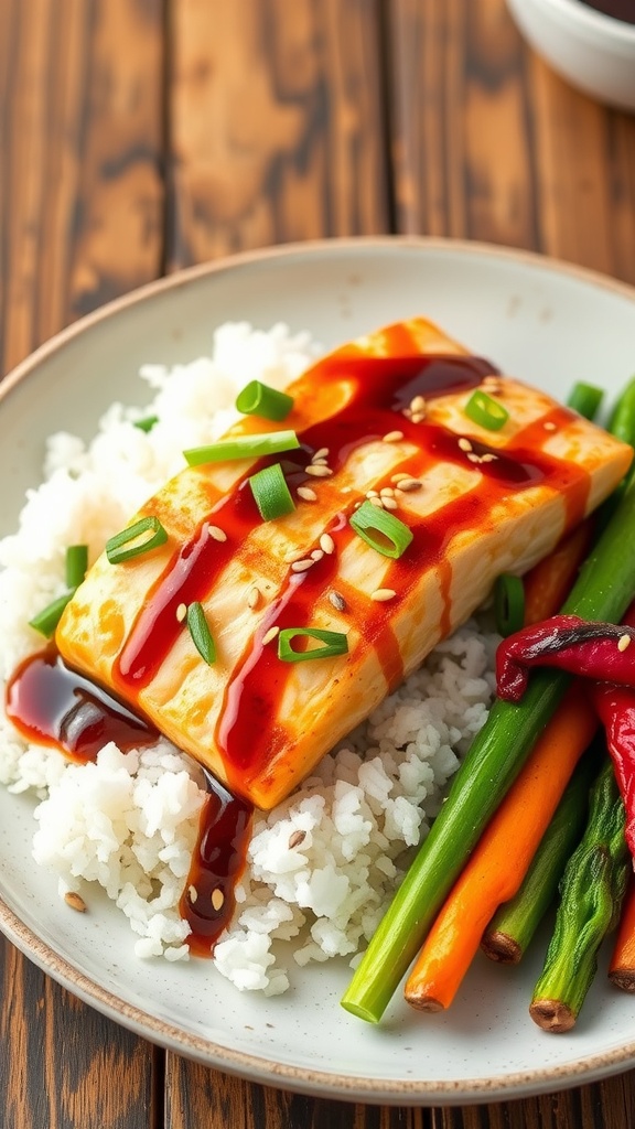 Miso glazed salmon fillets with rice and vegetables, garnished with green onions and sesame seeds on a wooden table.